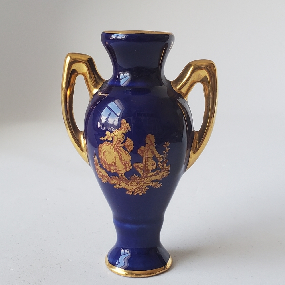 Vintage Limoges Miniature Vase Cobalt Blue Gold Accents Collectible Porcelain